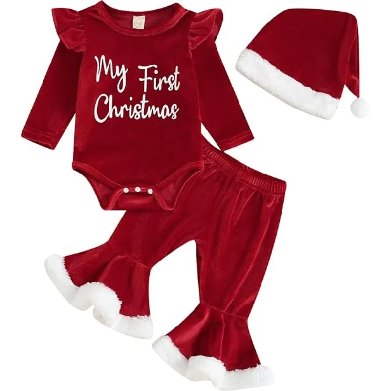 Baby Girl My 1st Christmas Outfits Letter Long Sleeve Romper Tops+Bell Bottom Pants+Headband 3 Pcs Clothes Set ropa bebe niña