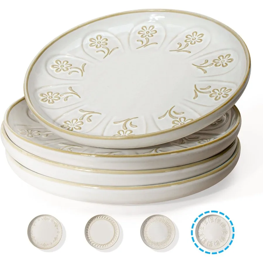 

Salad Plates Set Of 4 8.5 Inch Embossed Appetizer Plates for Dining Room Ceramic Dessert Plates with Lipped Edges for Small Din