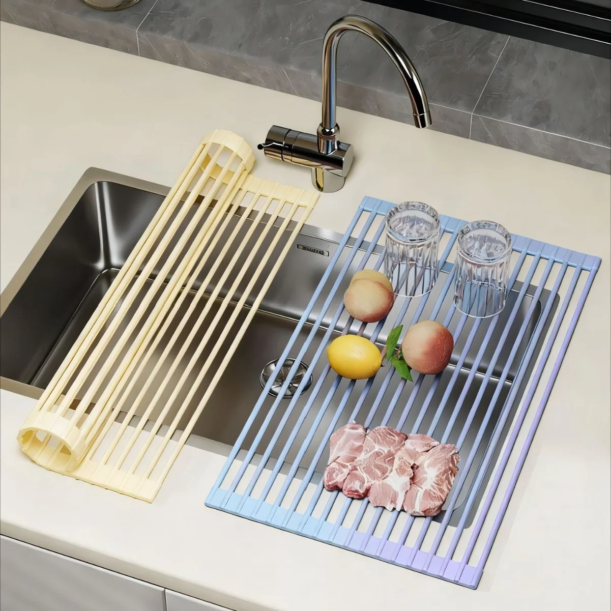 

Silicone Kitchen Sink Drain Rack Foldable Roll Up Dish Drying Rack Over The Sink Filter Grid Drain Basket Countertop Draining Ma