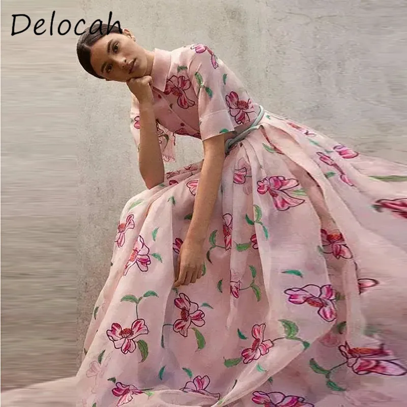 

Delocah Fashion High Quality Women's Collar Single Breasted Lace-Up Slimming Pink Printed Big Swing Short Sleeved Dress