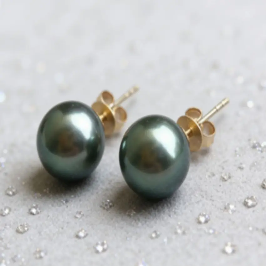12mm Natural black green Tahitian round pearl 14K gold earrings Thanksgiving Aquaculture Wedding Gift Halloween
