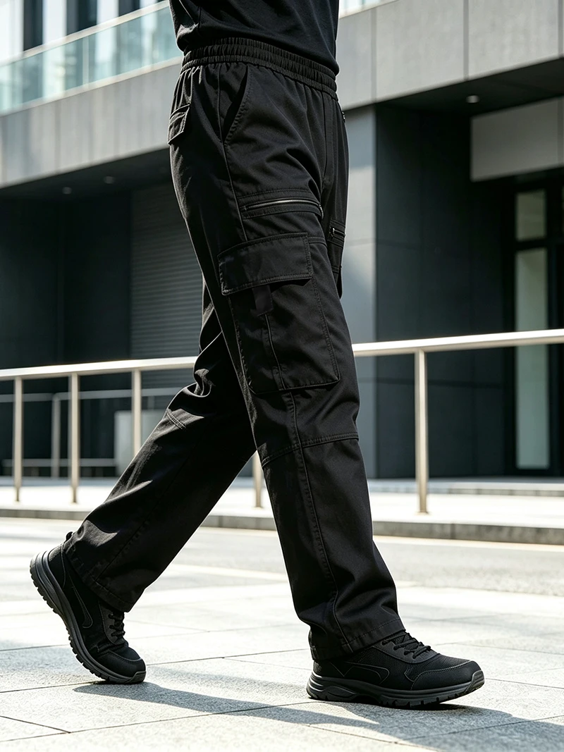 Herren Cargo-Hosen mit elastischem Bund, Kordelzug, mehreren Taschen, normaler Passform, geradem Bein, lässige Frühlings- und Herbst-Outdoor-Streetwear-Hosen – Detail 4