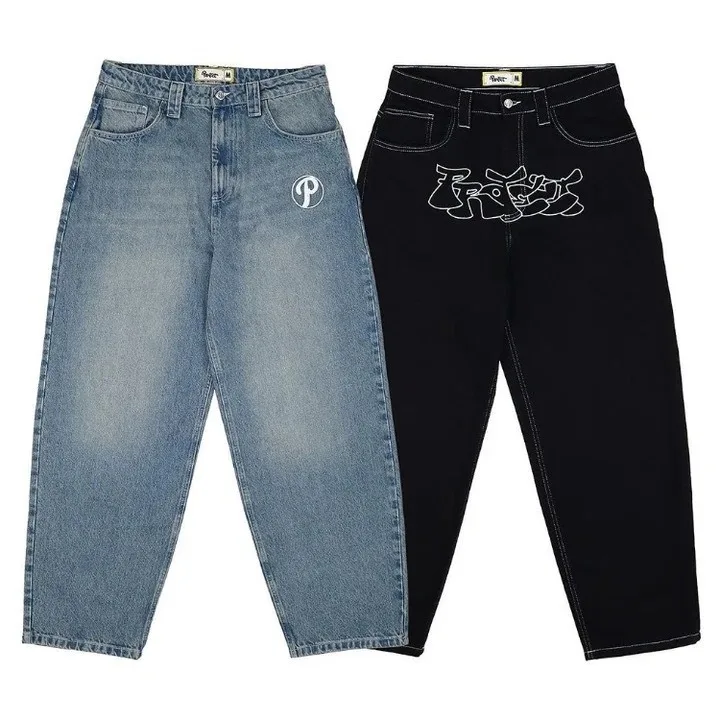 

American Street Style Men's Casual High Waist Denim Pants Baggy Fashionable Print Hip Hop Vintage Long Trousers