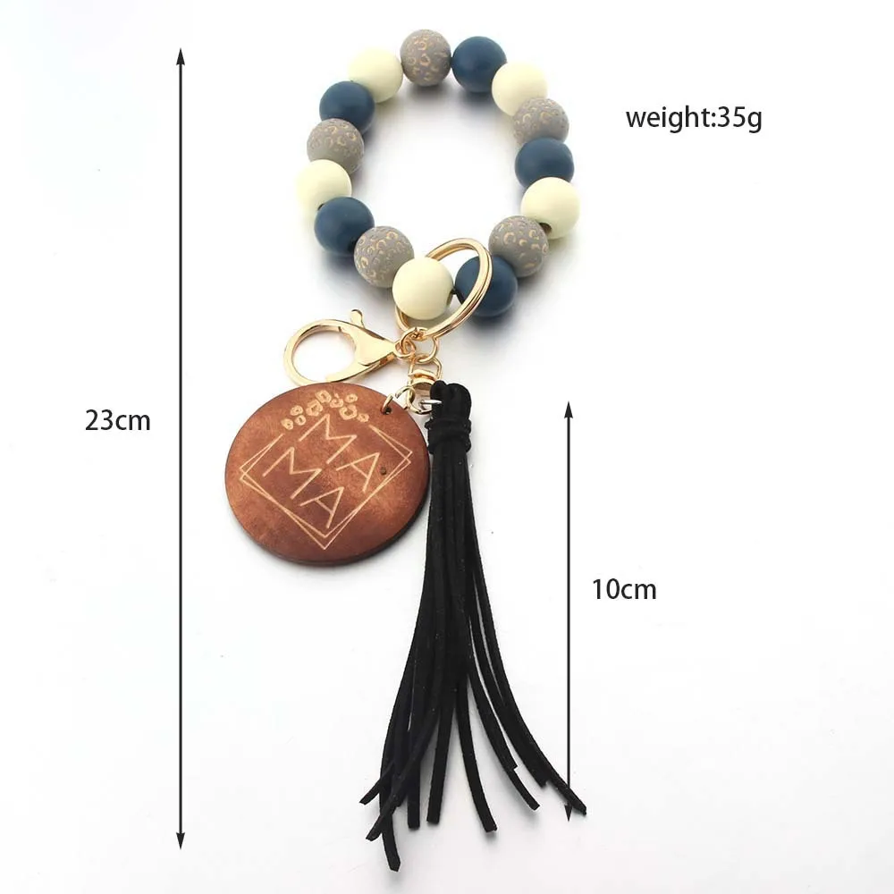 Mother\'s Day Gift Letter MAMA Wooden Tag Tassel Pendant Elastic Wood Bead Keyring Bag Accessories for women