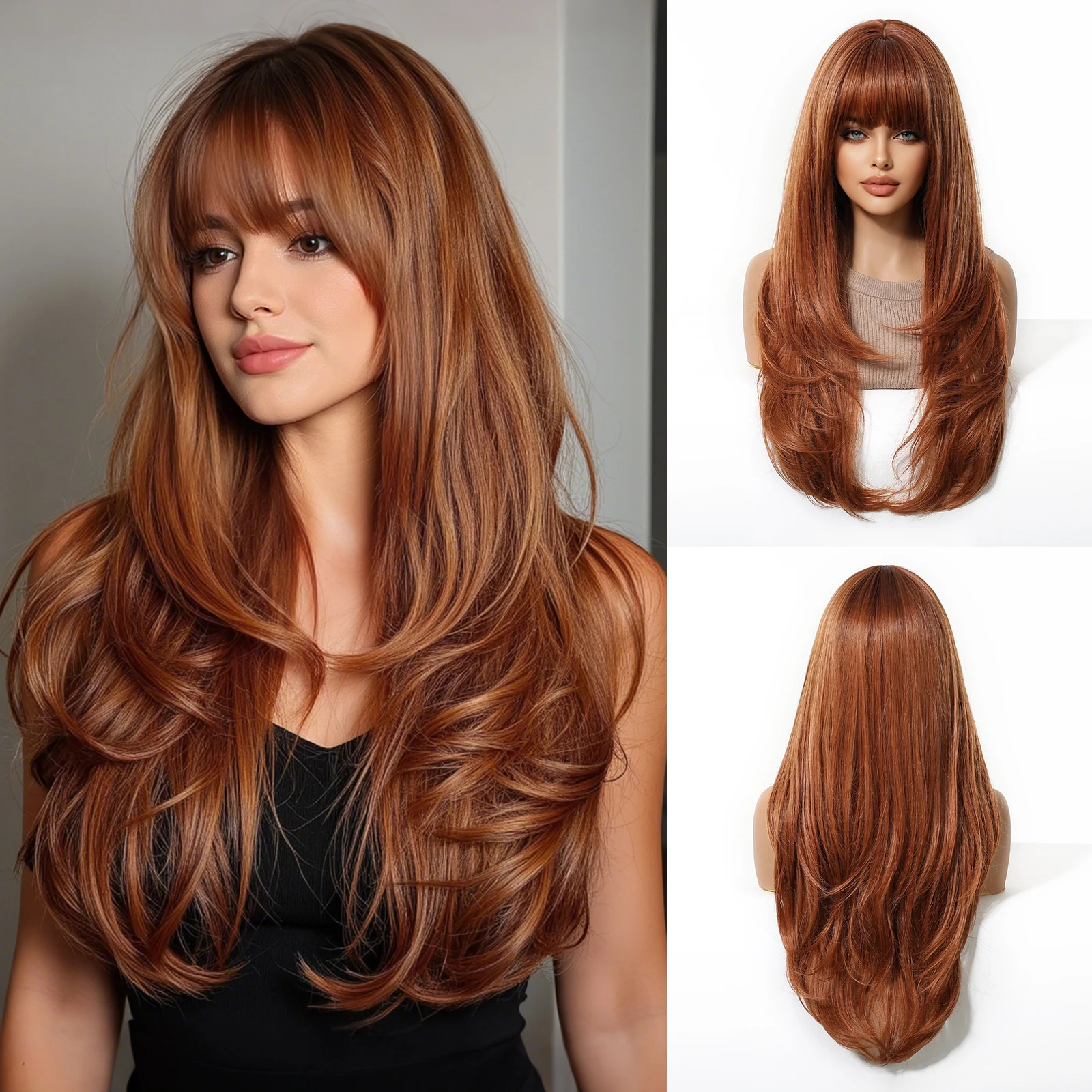 Long Copper Brown Synthetic Curly Wig for Women Auburn Wigs with Bangs Layered Straight Hair Natural Daily Heat Resistant