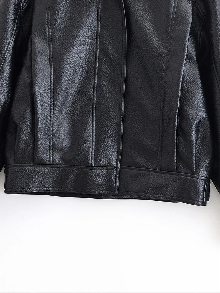 European style new women's fashion versatile temperament loose slim shoulder textured leather jacket coat