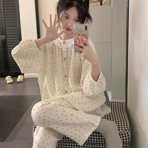 여성용 플러스 사이즈 잠옷, 가을 및 겨울 긴팔 바지, 학생 홈웨어, 라운드넥, 꽃무늬 착용 가능한 2 피스 잠옷