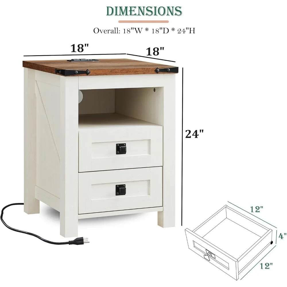 Charging Station, Rustic 18 Inch End Table with 2 Storage Drawers and Open Shelf, Wood Sofa Side Table for Bedroom