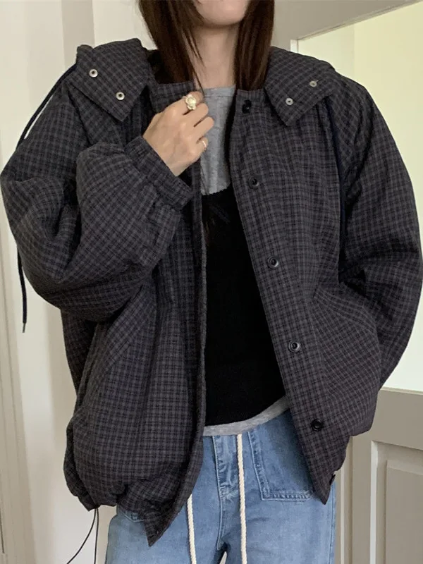 الرجعية كسول اللون بلو منقوشة فضفاضة مقنعين القطن Jaet المرأة الكورية Sle الشتاء زر واحد معطف القطن الدافئ ملابس خارجية