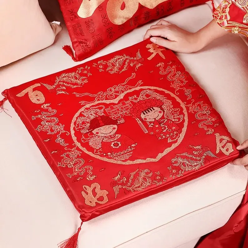 Chinese Wedding Kneeling Cushions, Chinese Tea Ceremony Couple, Cute Cartoon (Set of 2)