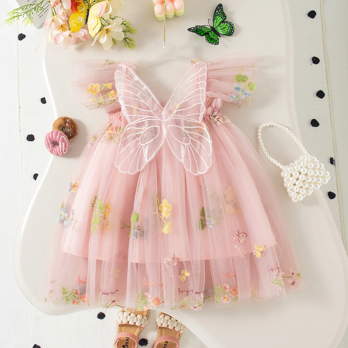 Summer New Girls\' Dress Halter Small Flying Sleeve Embroidery Pattern Wings Sweet Princess Dress Mesh Princess Dress