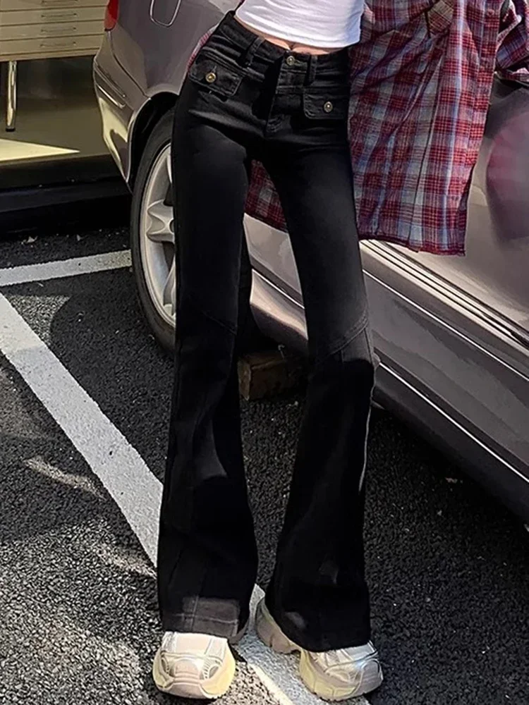 กางเกงยีนส์แฟชั่นทรงขาบานเอวสูงสำหรับผู้หญิง ทรงเข้ารูป ดีไซน์เนอร์ กางเกงเดนิมทรงกระดิ่ง สไตล์เรโทร สีน้ำเงิน ดำ เทา