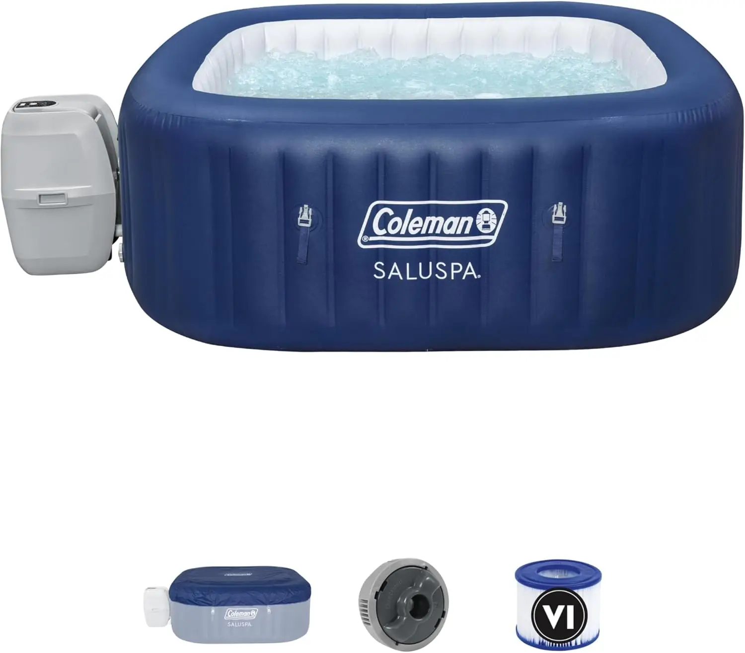 SaluSpa Atlantis AirJet 4 to 6 Person Inflatable Hot Tub Square Portable Outdoor Spa with 140 Soothing Jets with Cover, Blue