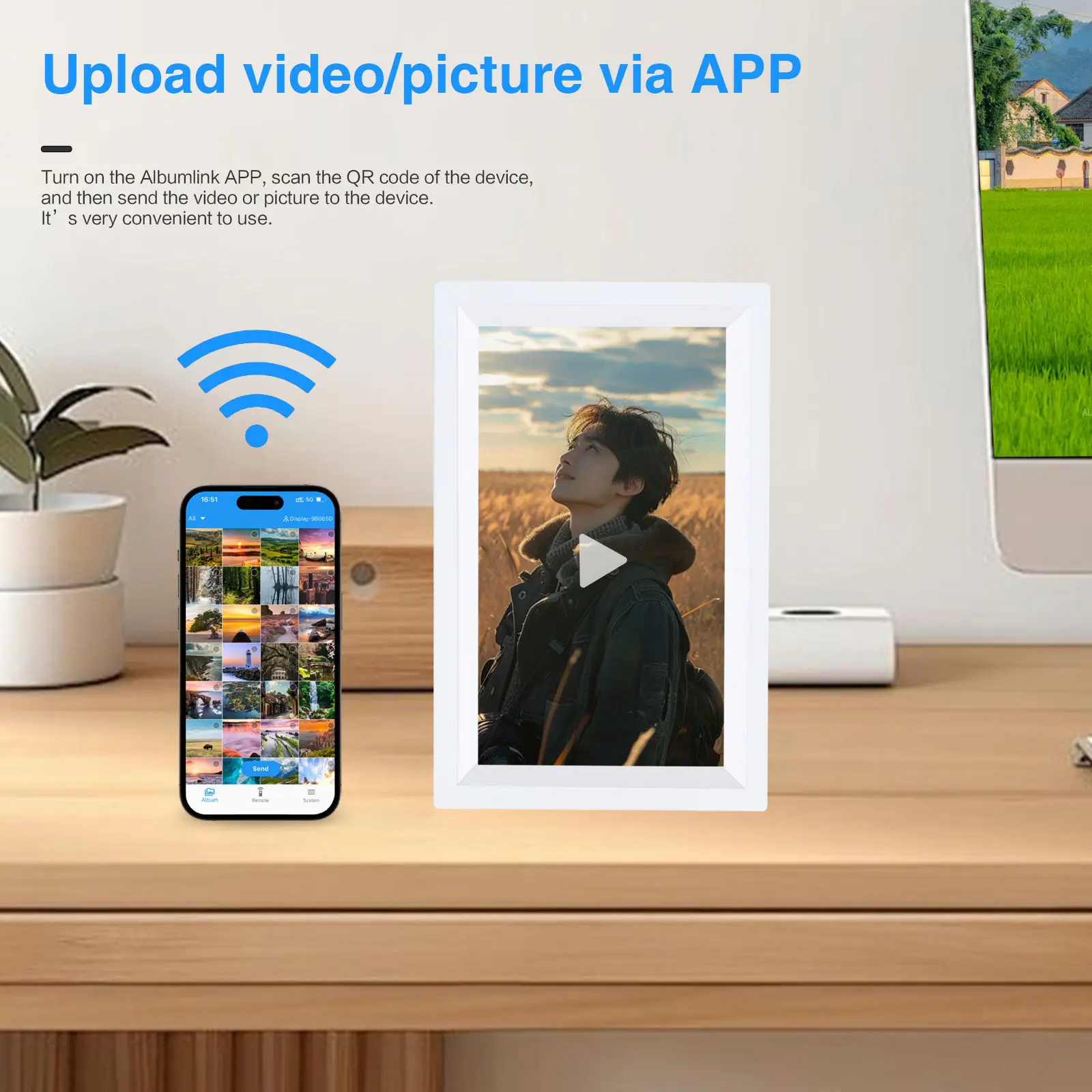 إطارات صور إلكترونية 7 بوصة 2000 مللي أمبير في الساعة لتشغيل الصور والفيديو إطارات صور رقمية WIFI P2P هدية عمل للمكتب