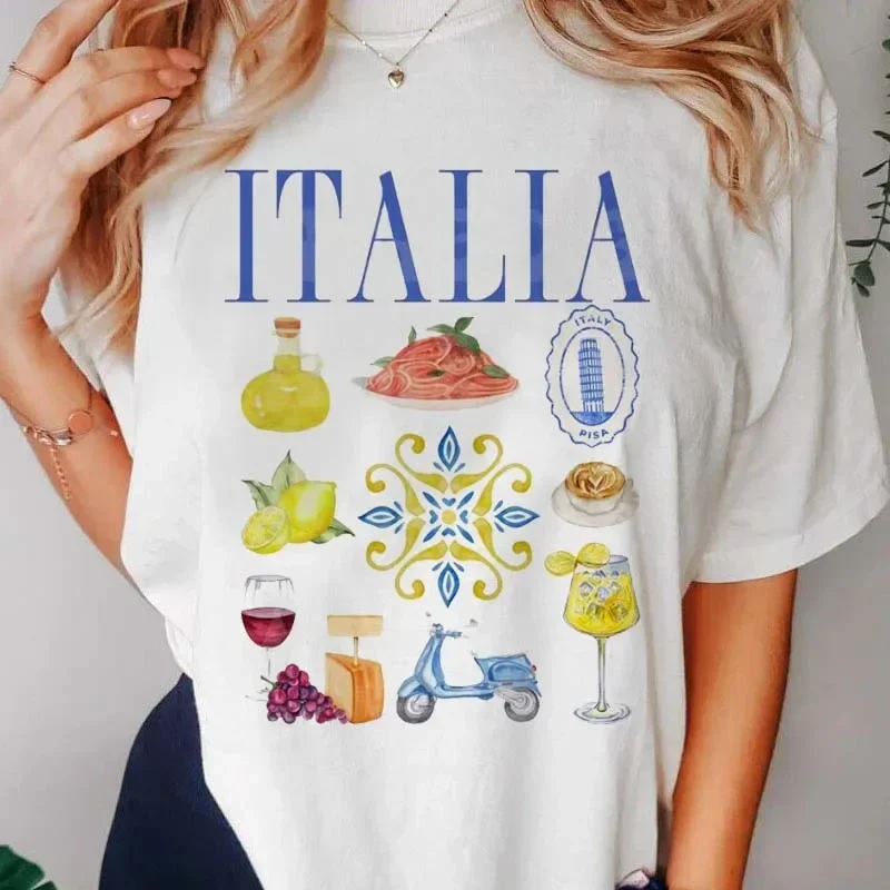 Women's Short Sleeved Amalfi Coast Social Club Printed T-Shirt Basic Clothing Watercolor Sweet Women's Trendy Street T-Shirt