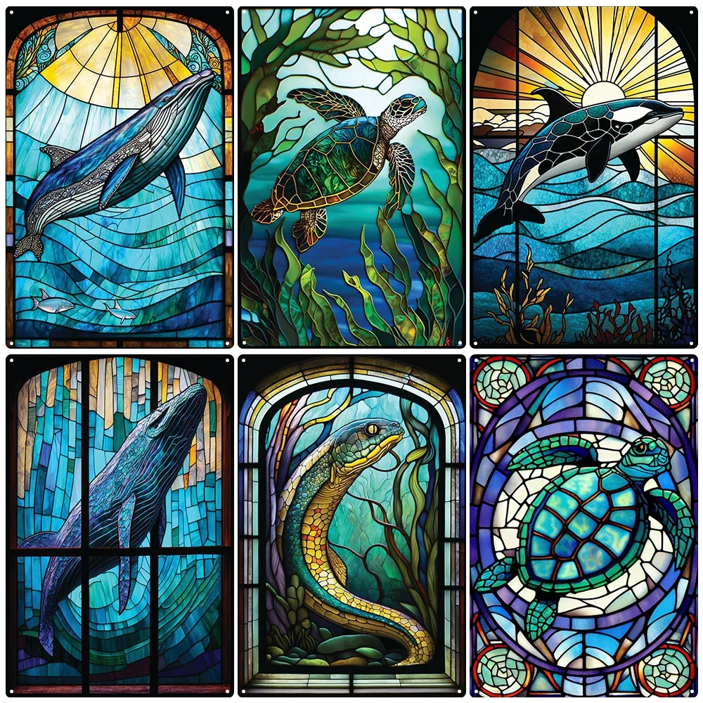 

Funny Stained Glass Marine Animals Tin Sign, Vintage Plaque, Metal Wall Posters for School, Beach, Bar, House Decoration, UW28