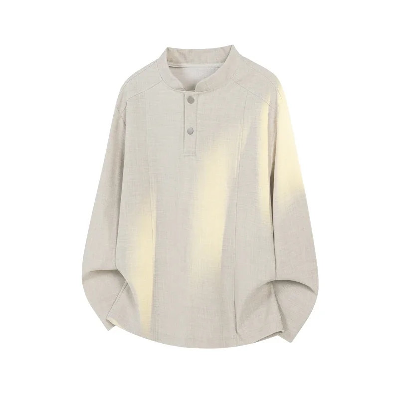 Male Relaxed Oversized Mandarin Neck Long Sleeve Top Vertical Seam Craft Breathable Fabric For Holiday Daily Styling Look