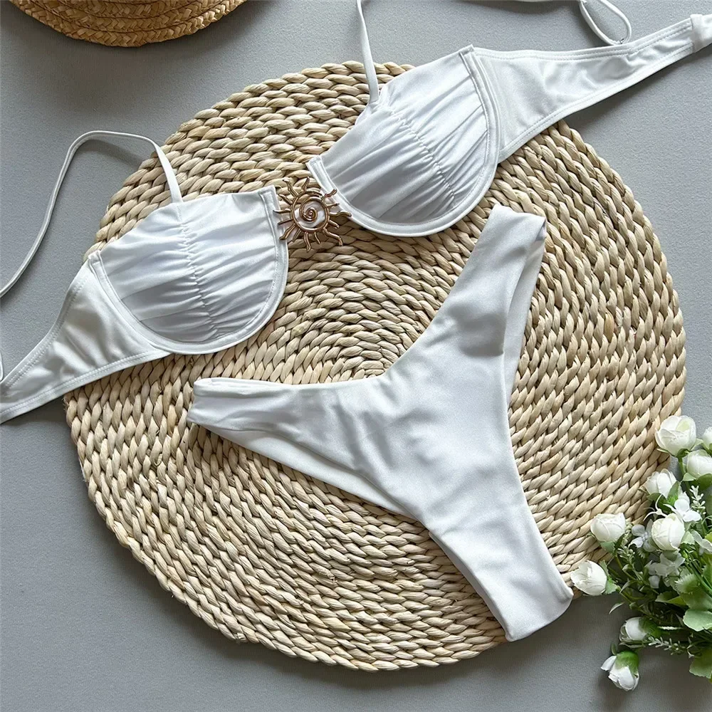 

Solid White Metal Sun Bikini Pushup Thong Sexy Swimsuit Women 2025 Ruched Swimwear High Cut Bather Back Knotted Bow Bikinis Sets