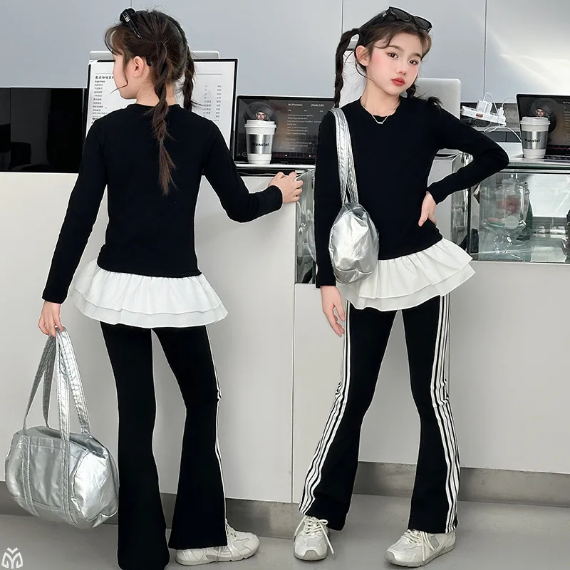 2026 autumn winter girl cloth lace patchwork sweatshirt + striped bell-bottom slim pant teens child set 4 9 10 11 12 14 15 year