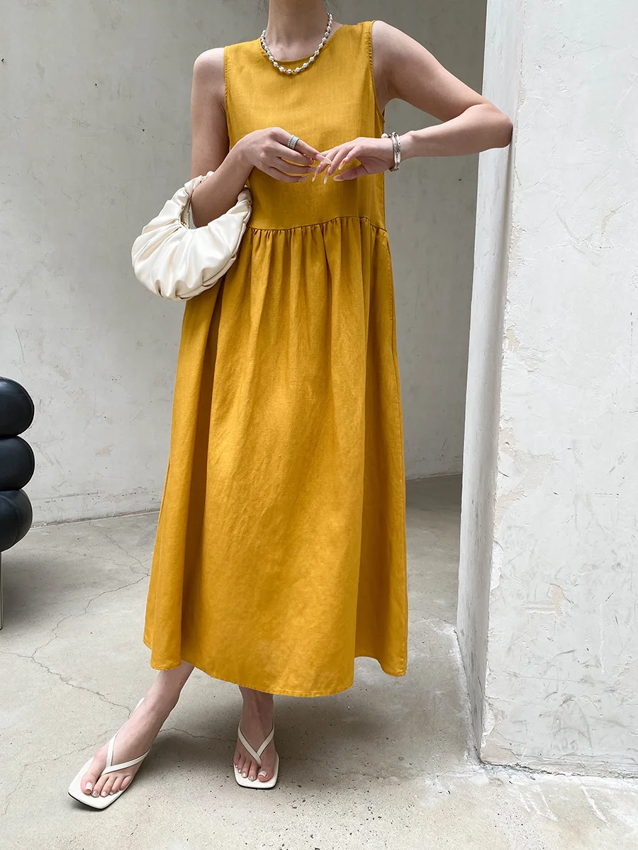 Sommerliches, lässiges, einfarbiges, ärmelloses Patchwork-Kleid mit Rundhalsausschnitt für Damen – Detail 23