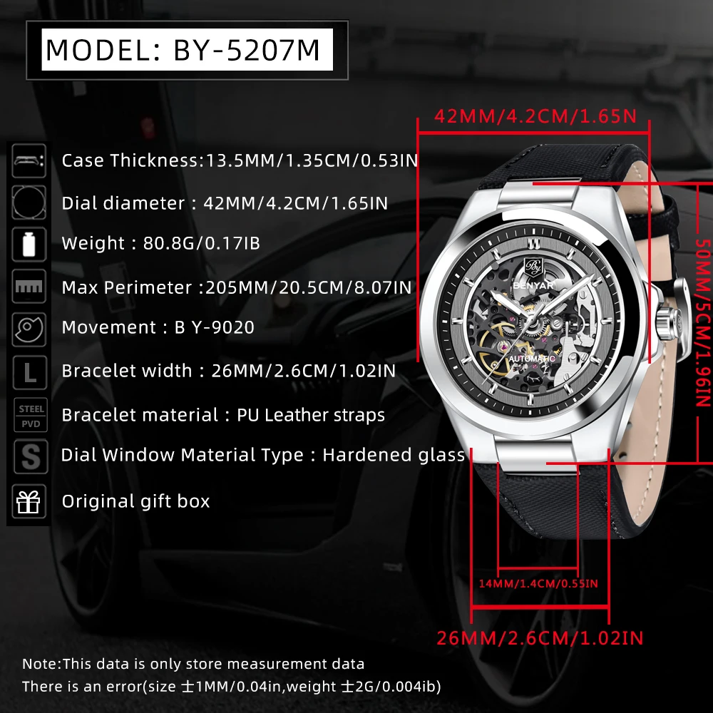 BENYAR 2024 New 40Mm Casual chic Men's Automatic Mechanical Watch 316L Stainless Steel 5Bar Waterproof Hollow Out Luminous Watch