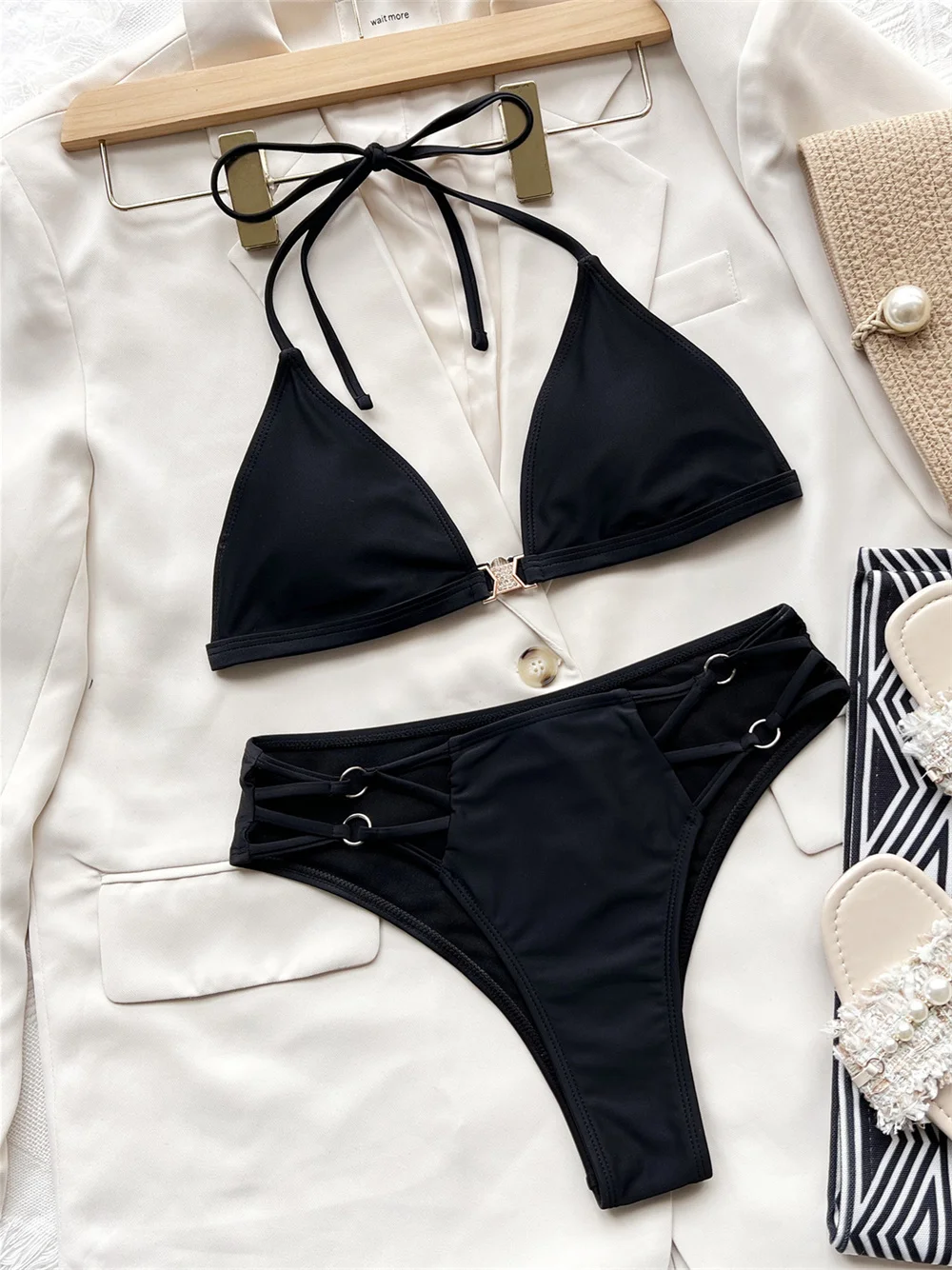 Black Bikini Bottom String Extreme Hollow Out Swimsuit Push Up Halter Backless Swimwear Bikinis Biquini Women Beach Bathing Suit