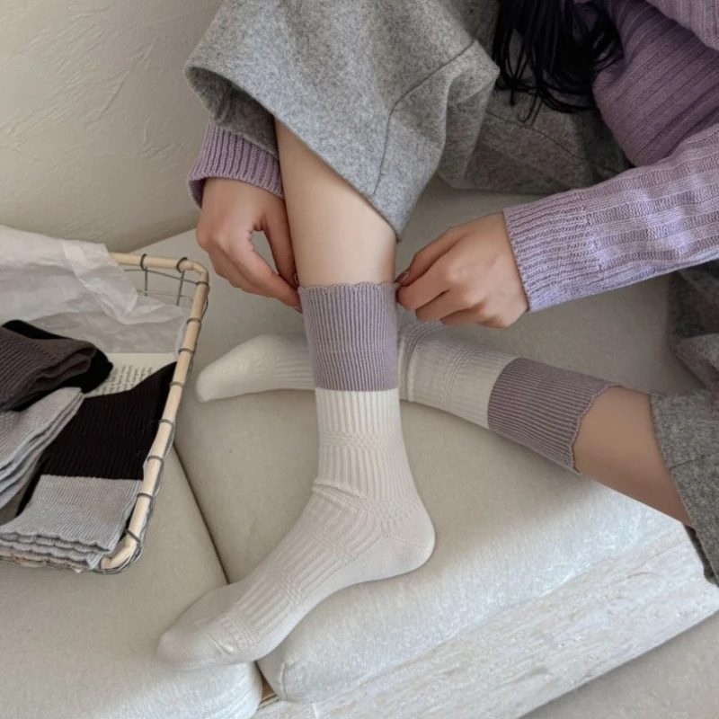 اليابانية الرجعية النساء الجوارب الخريف والشتاء Harajuku موضة اللون مطابقة الجوارب الطويلة النساء JK لوليتا Kawaii لطيف مكشكش الجوارب #5