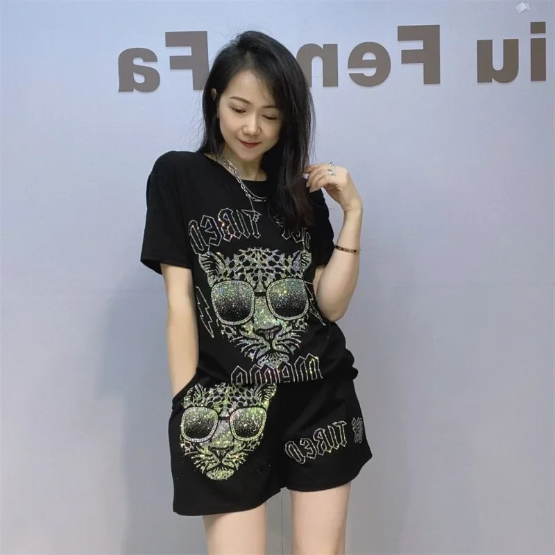 2025 Summer Short-sleeved Tshirts Shorts Outfits Women's Casual Suit European Style Women's Diamond Drills T-shirt Two-piece Set