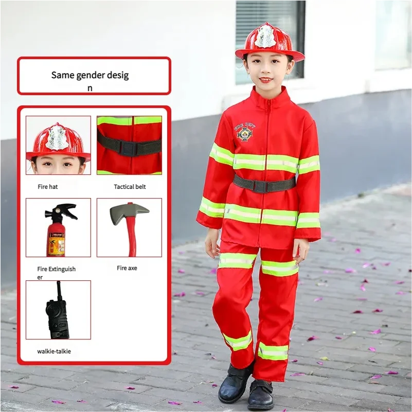 Firefighter Cosplay Costumes for Kids Professional Role-Playing Parent-Child Fire Suits Makeup Performance 7PCS