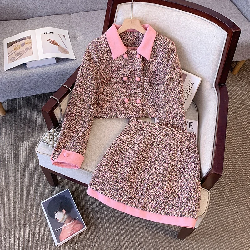 2024 Pink Autumn/Winter Trendy Sweet Lapel Youthful Classic Style Tweed Two-Piece Suit for Women Female Office Lady High Quality