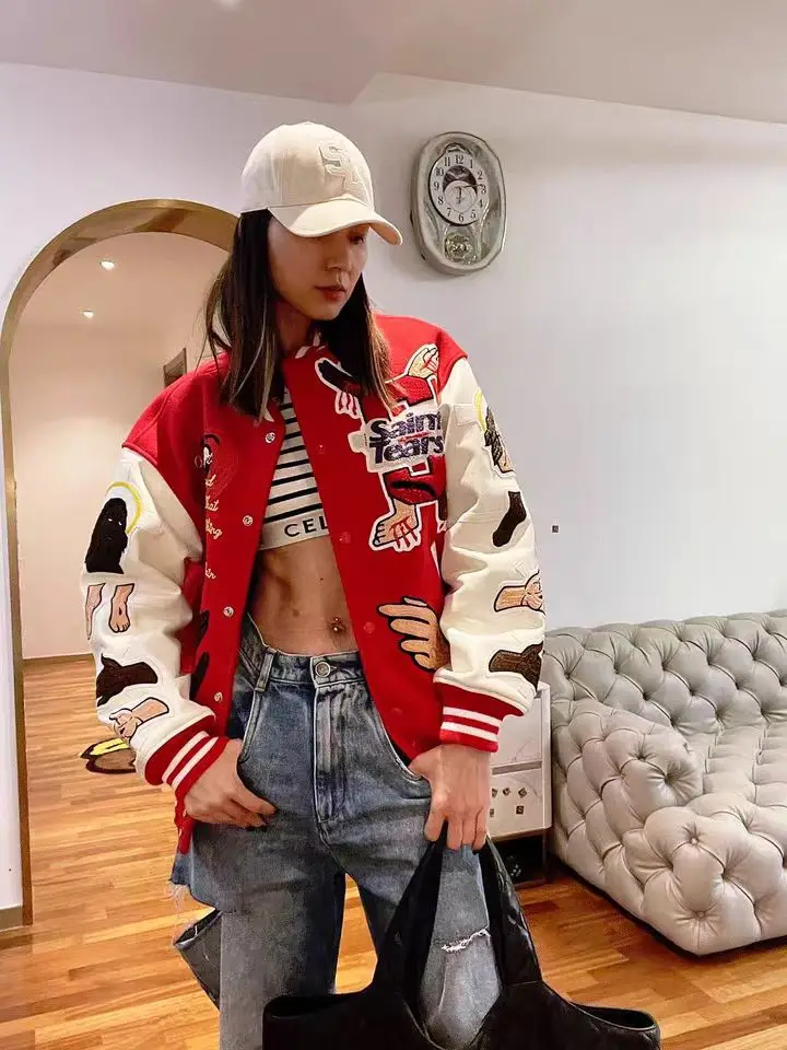 Retro American Red Embroidery Patch Baseball Jaet Women's Spring 2025 Street Sle Couple's Outerwear New Year's Coat