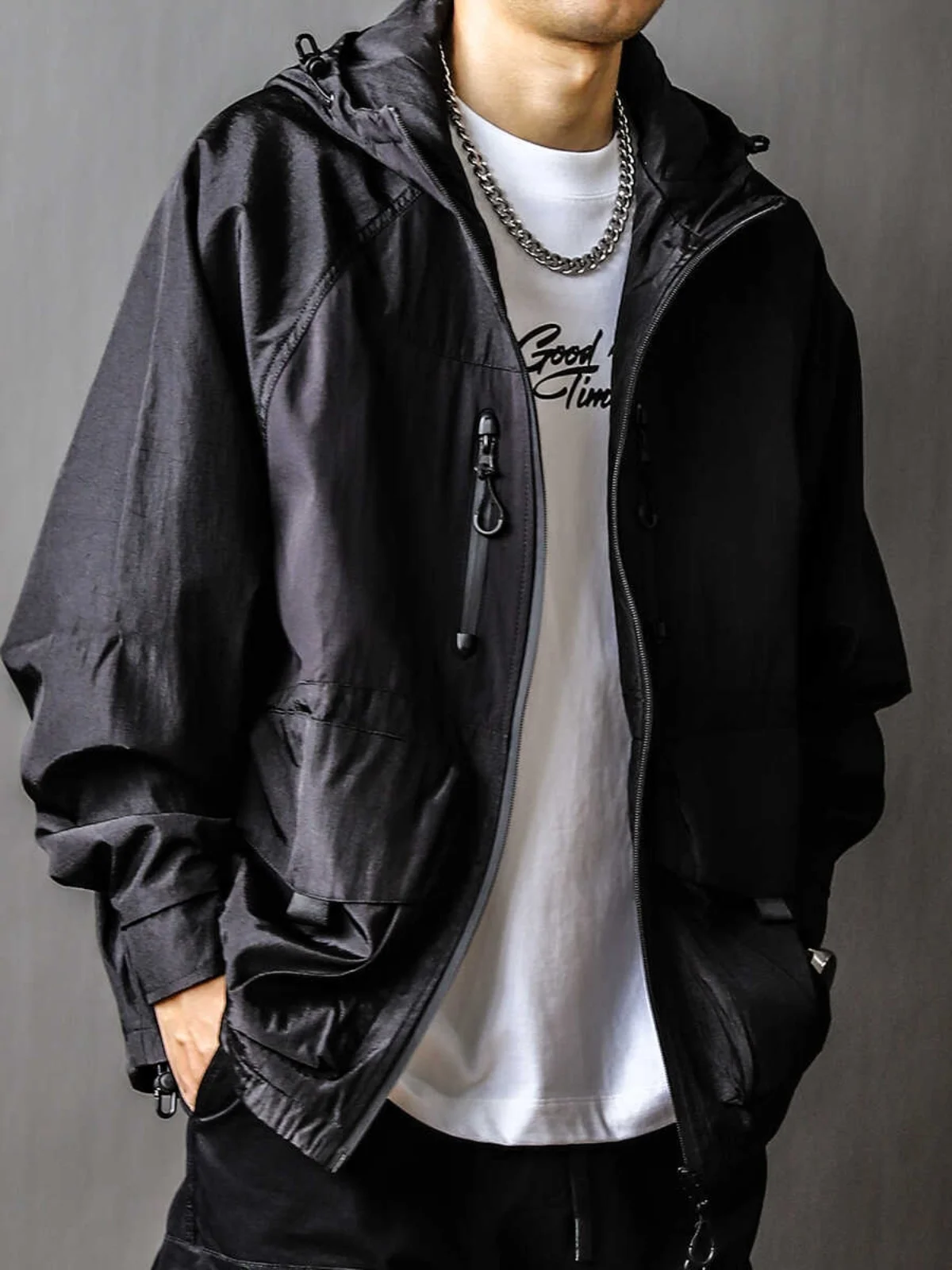 

Loose Fit Outdoor Hooded Jaet ex Autumn Faion Workwear Windbreaker Coat Youth ular Long Sve Zipper Closure Jaet