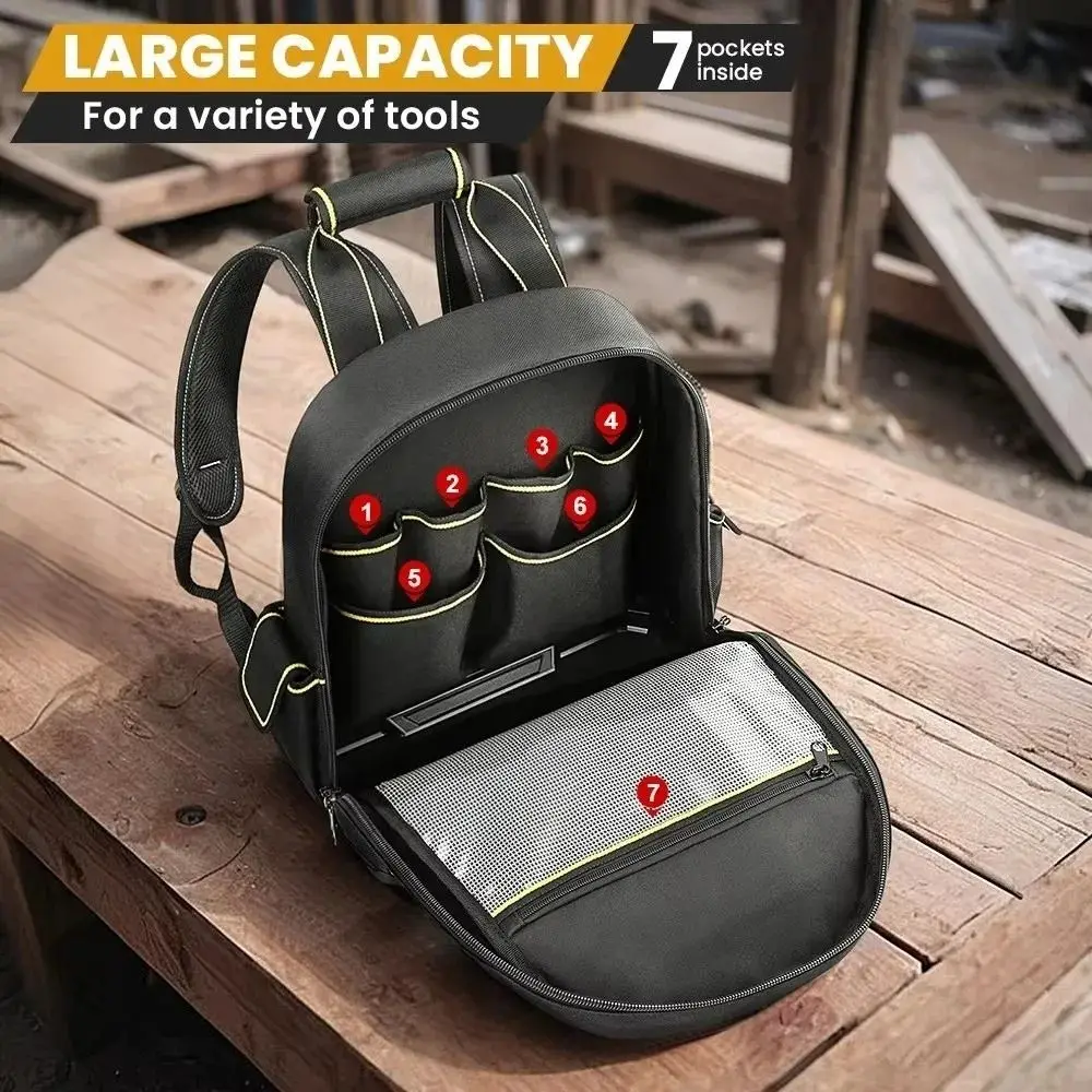 Multiple Pockets Tool Backpack 1680D Oxford Molded Base Tool Bag Backpack Comfortable Handle Easy Carrying