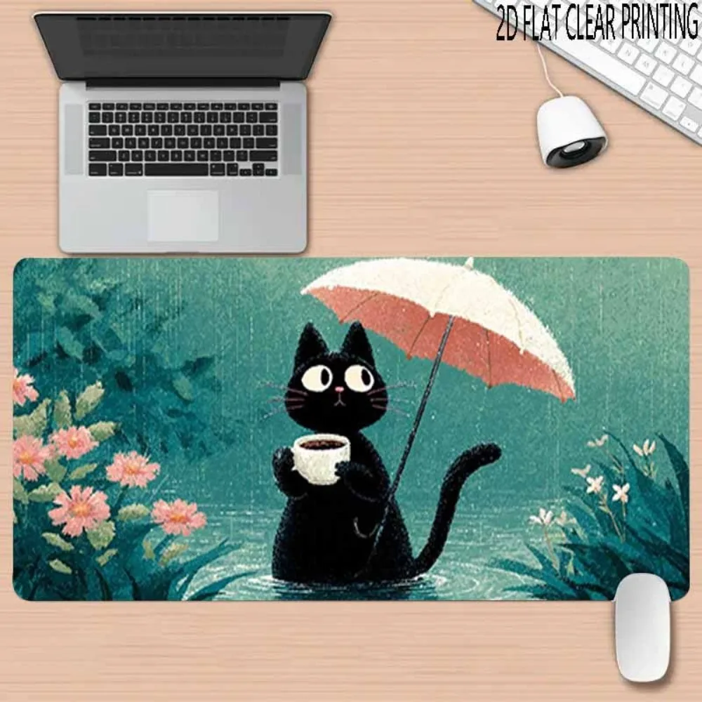 Cute Black Cat Umbrella Rainy Day Extended Mouse Pad Aesthetic Watercolor Large Desk Mat Non-slip Waterproof