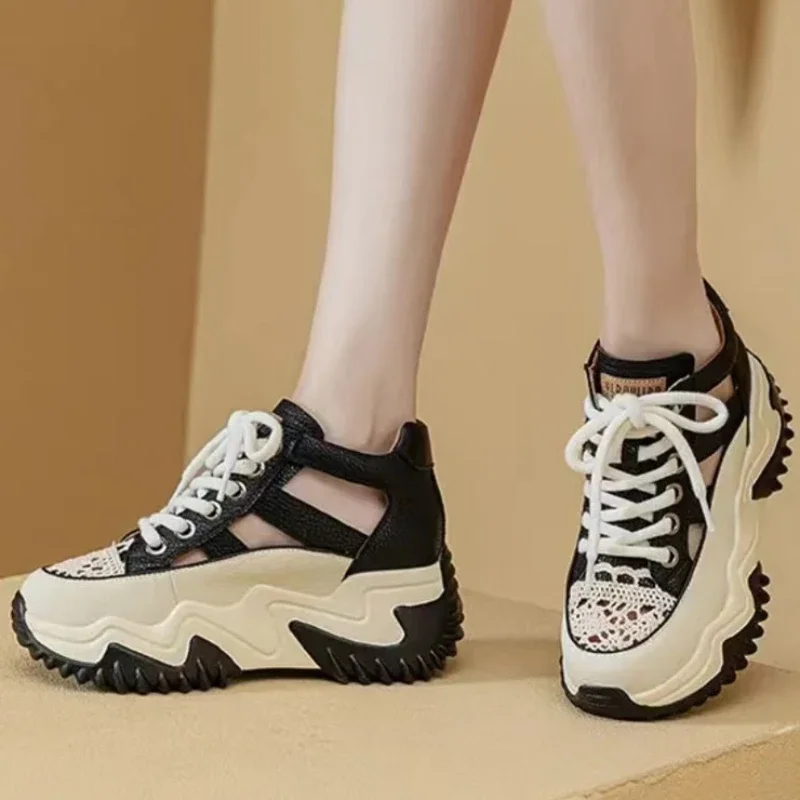 Hollow Out White Shoes Women 2024 Spring/Summer New Fashion Casual Wedge Sneakers Lady Elevated Soft Sole Breathable Dad Shoes