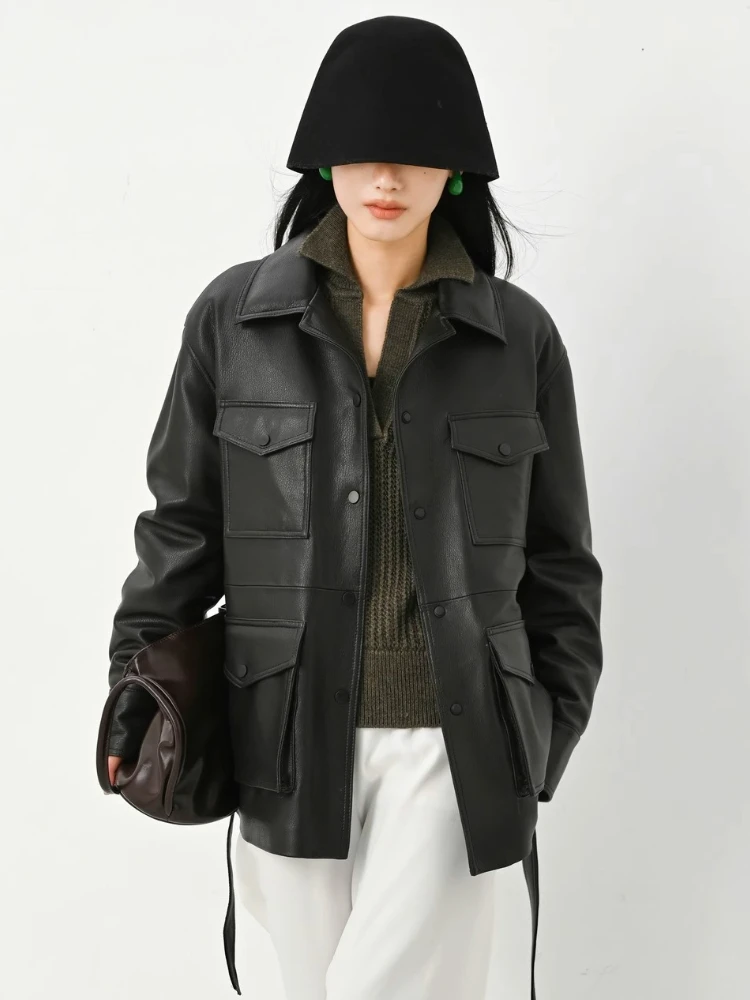 여성용 정품 가죽 다운 재킷 가을 겨울 고급 심플 소프트 블랙 리얼 양털 화이트 구스 다운 코트 (벨트 포함)