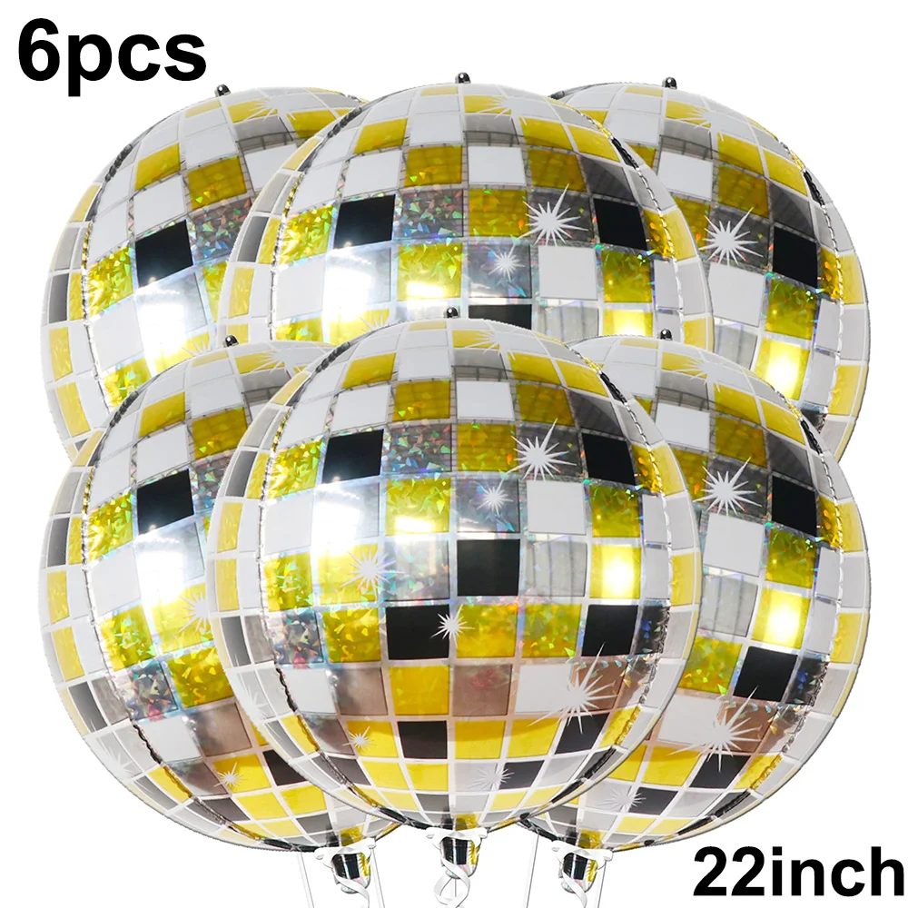 6 Pcs Disco Ball Balloons 22 Inch Gold Birthday Party Decorations 4D Sphere Disco Black and Gold New Years Eve Supplies