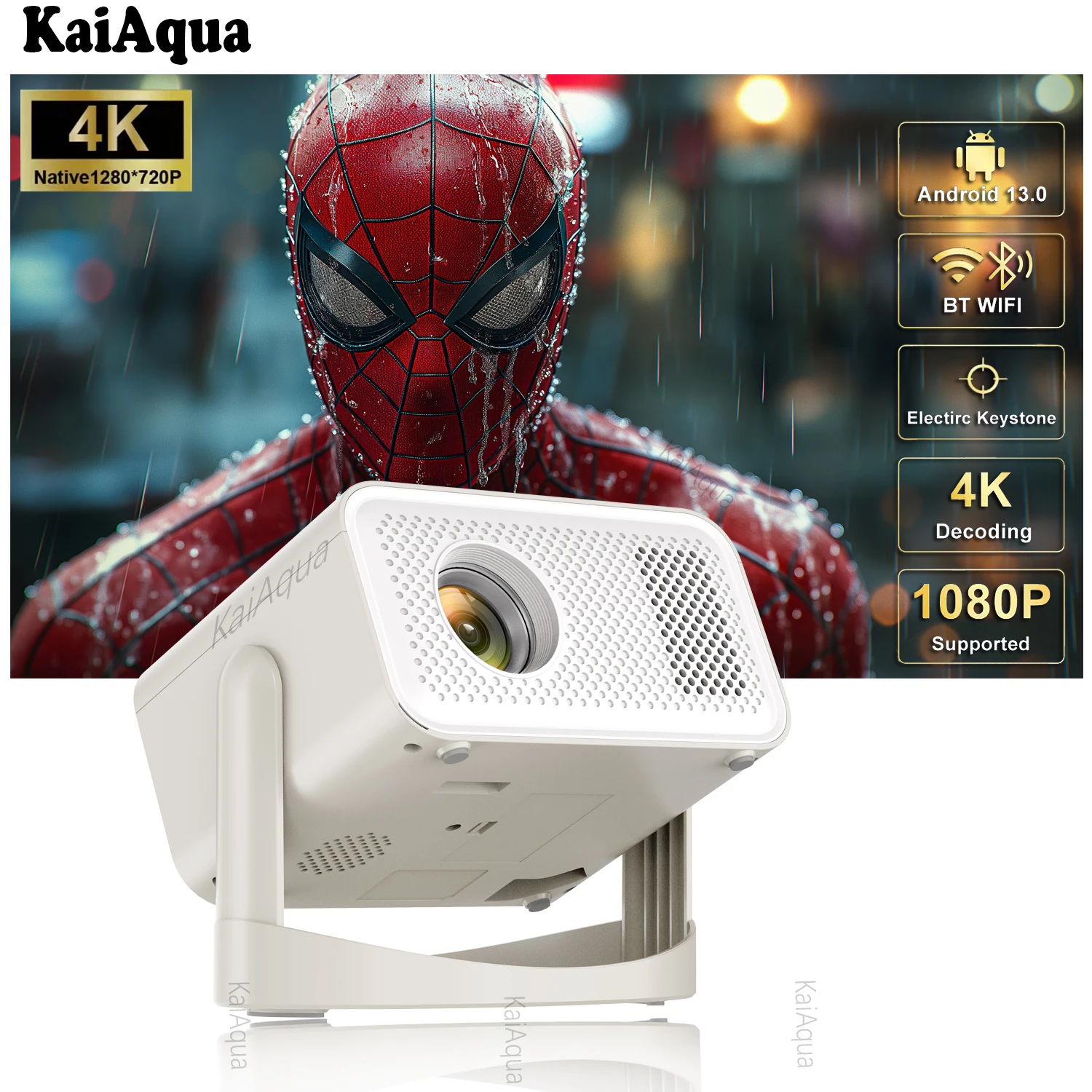 KaiAqua Native 1080P 650ANSI 4K Android 11.0 360° Rotation Projector Auto Keystone Focus Wifi6 BT5.2 Portable Outdoor Projectors