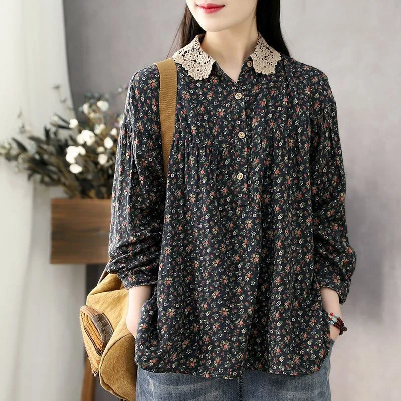 Fresh Spring Autumn Printing New 2022 Cotton Linen Lace Side Collar T-Shirt Women\'s Long Sleeves Loose Light Lazy Wind Jacket