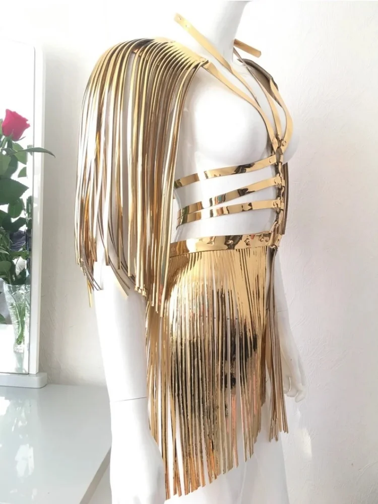 Modische Damen Gold Harajuku-Stil Quasten-Schulterriemen mit Schal Nachtclub Bühnenkostüm Accessoires Neu – Detail 5