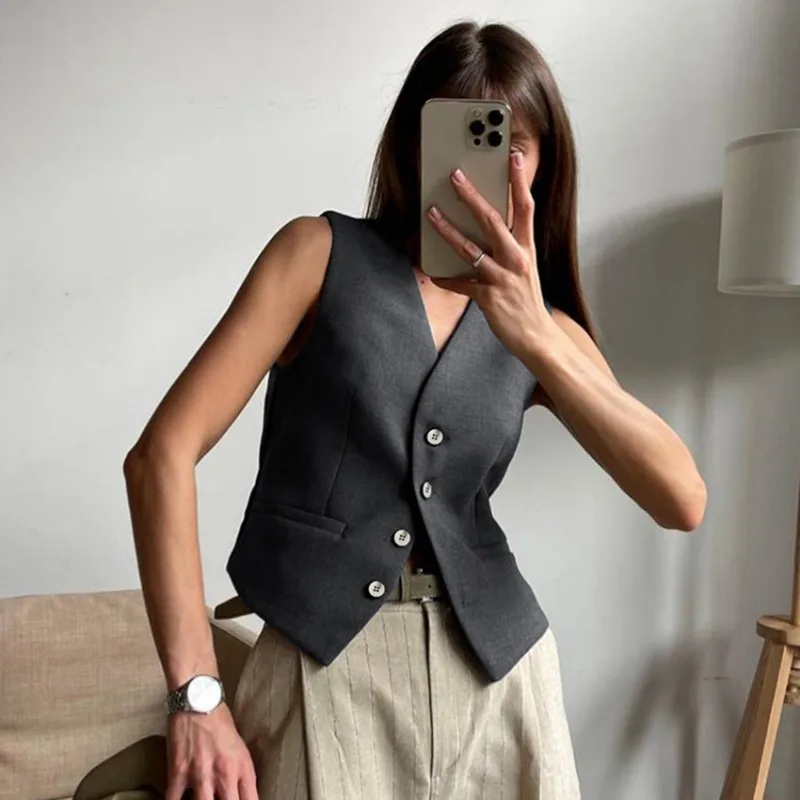 Conjunto de dos piezas para mujer, traje de chaleco sin mangas con botones, Top con cuello en V, pantalones sencillos, moda de verano, novedad de 2024