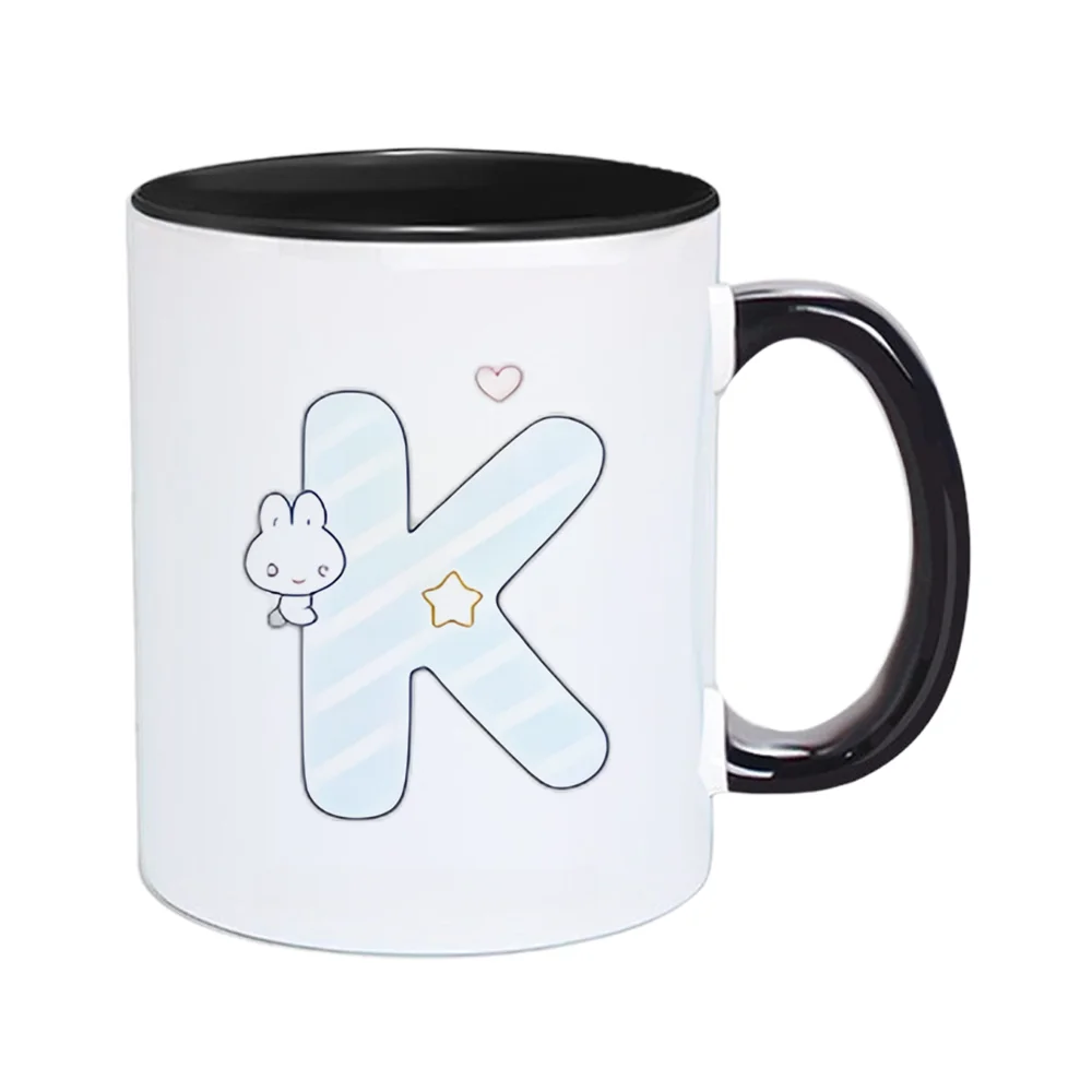 11oz Cute Rabbit Star Heart Ceramic Coffee Mug with K Letter Pattern Tableware for Home Party Valentine's Day and birthday Birth