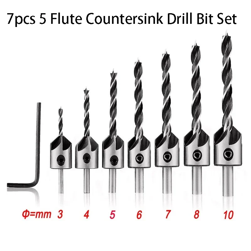 

7pcs HSS Countersink Drill Bit Set 3mm-10mm High Speed Screw Hole Drill Cutter 5 Flute Counterbore Pliot Hole Cutter Screw Drill