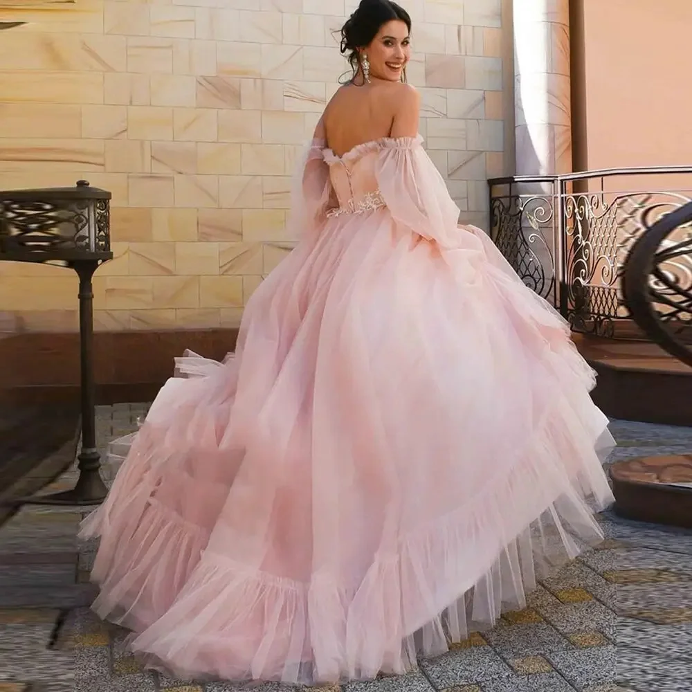 Classic Sweetheart Ball Gowns Soiree Robe Romantic Prom Dresses Tiered Tulle Evening Dresses Puffy Sleeves Gala Zipper Off The S