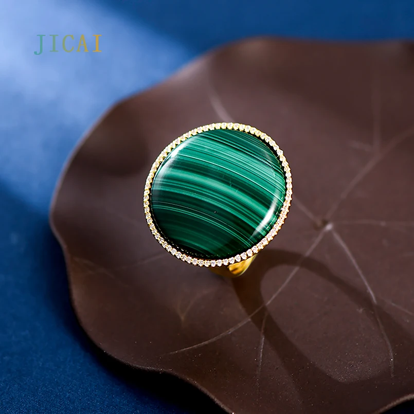 

JICAI Malachite Rings For Women 925 Silver Gold Plated Luxury New In Rings 2023 Exaggerated Big Jewelry Adjustable