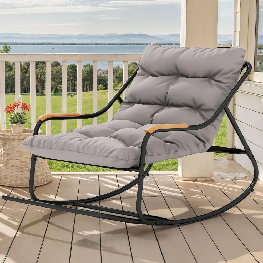 Over-Sized All-Weather Rocking Chair with Removable Cushion for Outdoor Porch, Lawn, Garden, Backyard