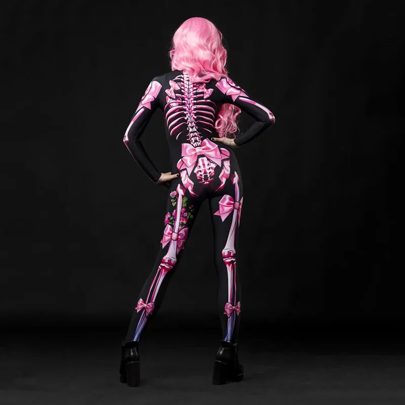 Adult Kids Halloween Skeleton Cosplay Jumpsuit Pink Rose Woman Sexy Skull Scary Costume Girls 3D Print Bodysuit Mother Daughter