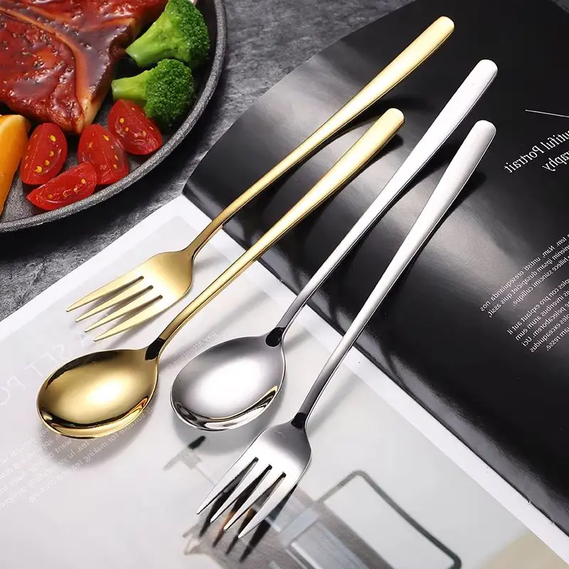 

Golden Long Handle Spoon Fork Tableware Portable Dinnerware Stainless Steel Cutlery for Home Kitchen Korean Flatware Items