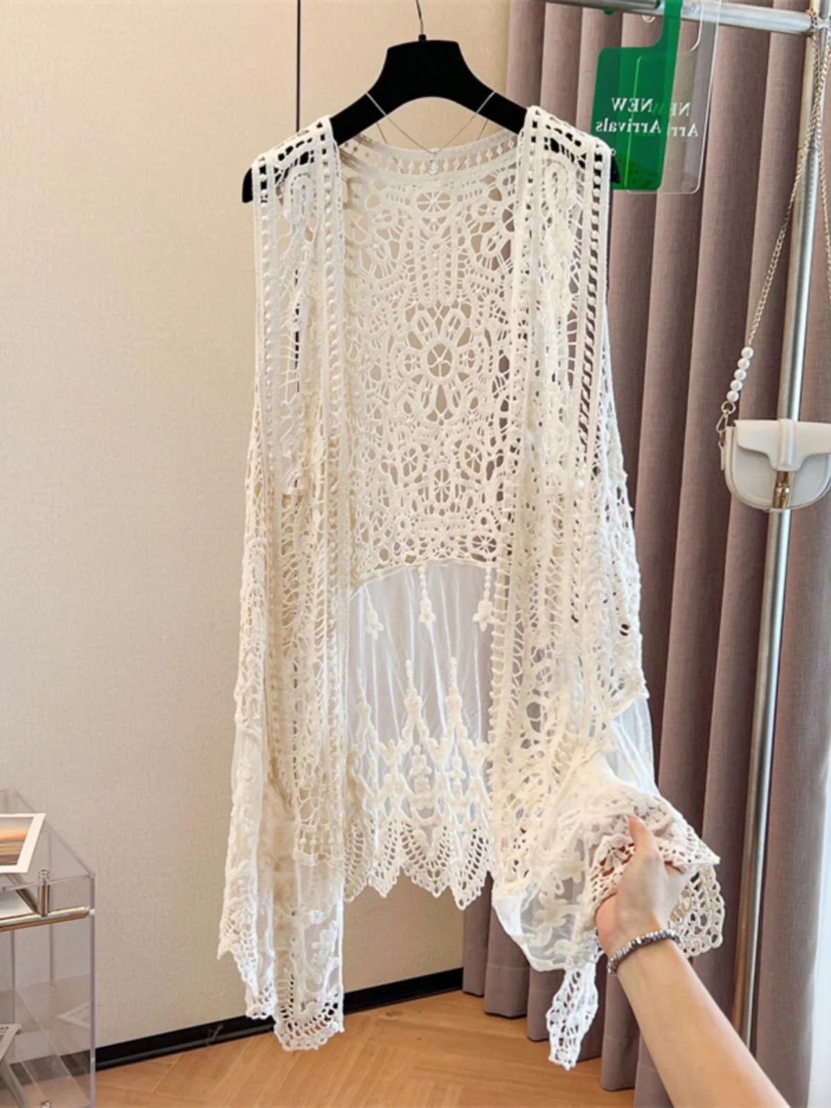 

Faionable Color Lace Hollow out Cardigan plus Size Women's Summer Mid-Length Versatile Vest Trendy Commute Sle Cotton