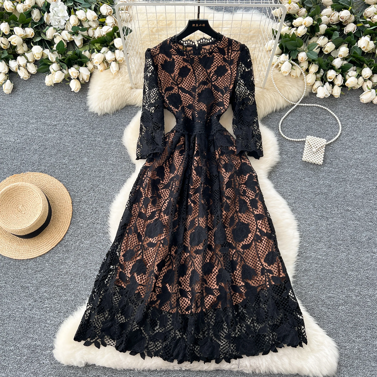 Elegant O-neck Vintage Long Sleeve Chic Hook Flower Hollow Slim Lace Dresses French Fashion Evening High Street Autumn Clothing